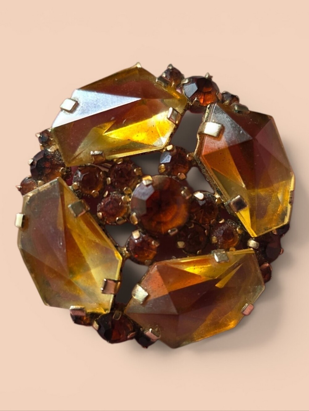 Amber Crystal Cluster Brooch – Dome Shaped, Gold-Tone Women’s Jewelry 2" Round